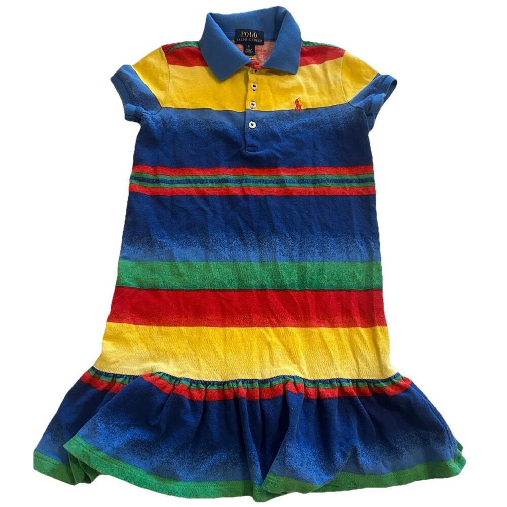 Polo Ralph Lauren Girls Size 6 Dress Multicolored Striped‎ Ruffle Cotton Casual